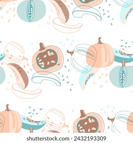 Fondo brillante de acción de gracias sin costuras. Siluetas y contornos de calabazas y semillas, patrón sin costuras.