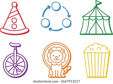 Bright thin line graphics of a cone hat circular arrows circus tent tall unicycle lion in a ring and a striped popcorn bucket.