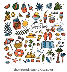 Bright things for beach rest, party, vacation, days off, weekend. Summer vacation icons, symbols, objects. Color Elements for design. Vector hand drawn isolated doodle illustration