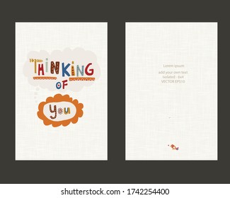 Bright Thinking Of You Greeting Card Template On Linen Background. Paper Cut Out Hand Drawn Happy Flowers Lettering. Scandi Doodle Notecard. Bird And Love Heartfelt Sentiment. Isolated Vector