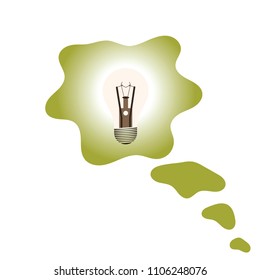 A bright thought concept, a lighted bulb in a cloud of thoughts