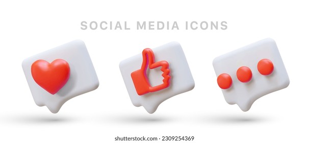 Iconos luminosos y tridimensionales para las redes sociales. Como, comentar, encantado. Ilustración 3D de las reacciones a los posts en Internet. Nubes de voz con imágenes de color. Conjunto de lenguajes de firma