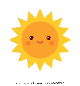 Sol tridimensional brilhante com rosto feliz e raios ondulados isolados sobre fundo branco