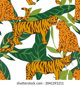 Bright Tiger and Leaves Vector Seamless Pattern. Wild Cheetah Print. Floral Background. Leopard and Leaf Motley Tropical Illustration.