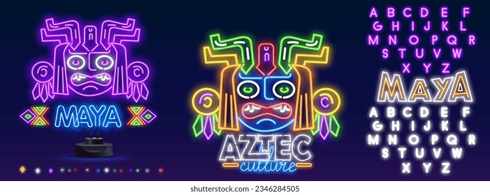 Bright tiki idol neon sign. Tribal mask, ancient culture design. Night bright neon sign, colorful billboard, light banner.