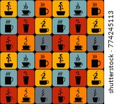 Bright tiles with hot and flavored drinks in mugs and cups. Vector seamless background, colorful pattern.