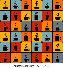Bright tiles with hot and flavored drinks in mugs and cups. Vector seamless background, colorful pattern.