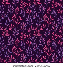 Bright tiny leaves stem seamless pattern on a dark background. Vector hand drawn sketch. Creative branches leaf print. Template for design, textile, fashion, print, surface design, paper, cover