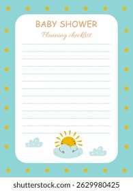 Bright to-do list for a newborn baby shower with sun and clouds