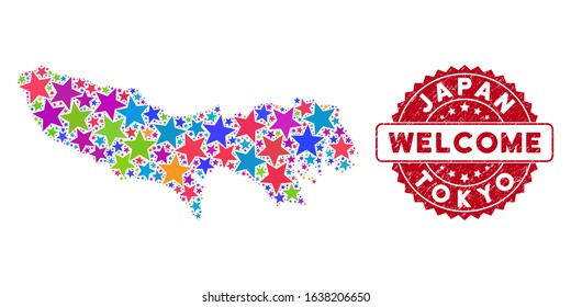 Bright Tokyo Prefecture map mosaic of stars, and scratched rounded red WELCOME seal. Abstract geographic plan in bright color tones. Vector Tokyo Prefecture map is shaped of color stars.