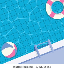 Bright top-down view of a backyard swimming pool with a colorful beach ball, pink-and-white lifebuoy and metal ladder, evoking summer fun, safety, relaxation and refreshing outdoor leisure. sstkSummer
