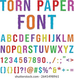 Bright torn paper alphabet vector on white background. Colorful ripped letters with uppercase characters, numbers, and symbols. Ideal for kids, posters, fun crafts, and collage designs. Tear paper.