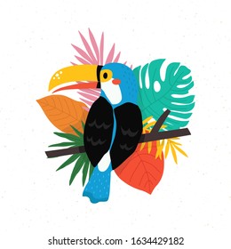 Bright toucan bird with different tropical leaves on white background. Vector illustration of toucan. Cute bird character for summer cards, invitations and posters