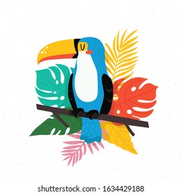 Bright toucan bird with different tropical leaves on white background. Vector illustration of toucan. Cute bird character for summer cards, invitations and posters