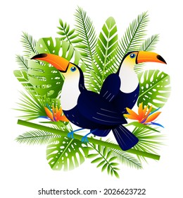 Bright toucan birds with tropical leaves and flowers - for Your summer design