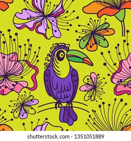 A bright Toucan sits on a branch among tropical gardens. Colorful seamless pattern.