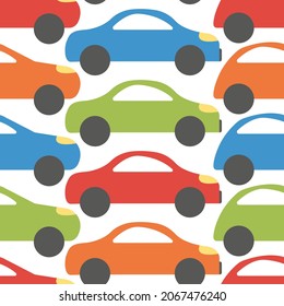 Bright toy cars for boys. Baby pattern on white background. Seamless texture for decorating kids toy, wear, covers, stationery. Multicolor regular uniform backdrop. Cheerful nursery wallpaper.