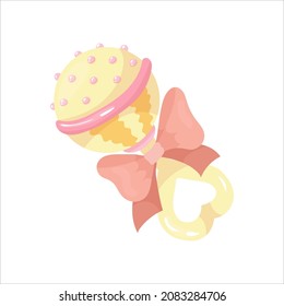 A bright toy for a newborn baby. Rattle with a bow. Vector illustration isolated on white background.