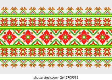 A bright and traditional digital border pattern showcasing intricate Ukrainian Vyshyvanka embroidery motifs. This pixel art illustration features distinct rows of geometric and stylized floral element