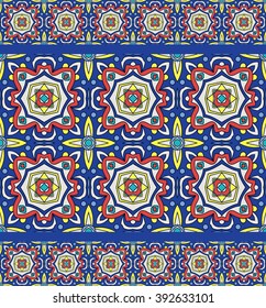 Bright traditional Talavera ornament. Mexican seamless pattern simulates colorful glazed ceramic tiles. For fabrics, prints, t-shirts, bags, wrapping paper.