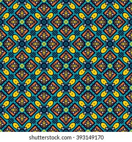 Bright traditional Talavera ornament. Mexican seamless pattern simulates colorful glazed ceramic tiles. For fabrics, prints, t-shirts, bags, wrapping paper.