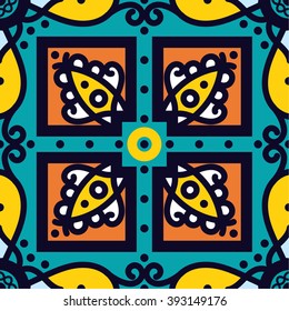 Bright traditional Talavera ornament. Mexican seamless pattern simulates colorful glazed ceramic tiles. For fabrics, prints, t-shirts, bags, wrapping paper.