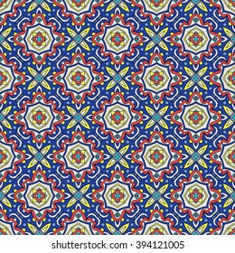 Bright traditional Talavera ornament. Mexican seamless pattern simulates colorful glazed ceramic tiles. For fabrics, prints, t-shirts, bags, wrapping paper.