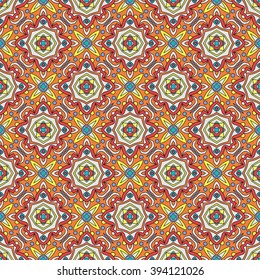 Bright traditional Talavera ornament. Mexican seamless pattern simulates colorful glazed ceramic tiles. For fabrics, prints, t-shirts, bags, wrapping paper.