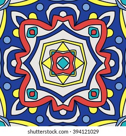 Bright traditional Talavera ornament. Mexican seamless pattern simulates colorful glazed ceramic tiles. For fabrics, prints, t-shirts, bags, wrapping paper.