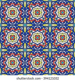 Bright traditional Talavera ornament. Mexican seamless pattern simulates colorful glazed ceramic tiles. For fabrics, prints, t-shirts, bags, wrapping paper.