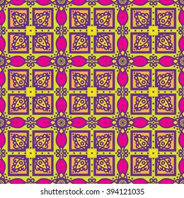 Bright traditional Talavera ornament. Mexican seamless pattern simulates colorful glazed ceramic tiles. For fabrics, prints, t-shirts, bags, wrapping paper.