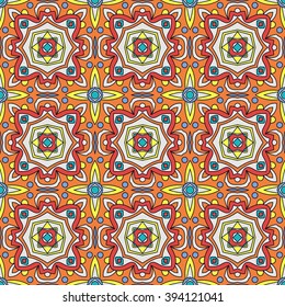 Bright traditional Talavera ornament. Mexican seamless pattern simulates colorful glazed ceramic tiles. For fabrics, prints, t-shirts, bags, wrapping paper.