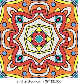 Bright traditional Talavera ornament. Mexican seamless pattern simulates colorful glazed ceramic tiles. For fabrics, prints, t-shirts, bags, wrapping paper.