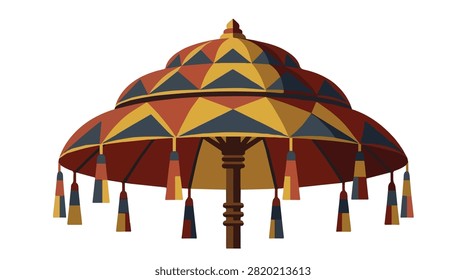 Bright traditional umbrella with detailed patterns and tassels in vivid warm colors perfect for cultural celebrations or festival imagery