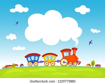 The bright train goes on the summer field. Cartoon vector illustration.