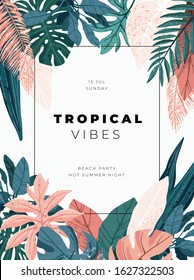 Bright and trandy summer hawaiian banner, party flyer or invitation design with tropical plants and palm leaves. Vector illustration.