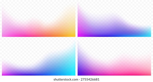Bright transparent gradients collection. Vector templates of vibrant gradients wave with transparent overlay effect. Decorative soft and vivid gradient. Colourful blur neon.