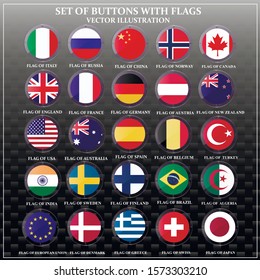 Bright transparent set of banners with flags. Colorful illustration with flags of the world for web design. Glass buttons with flags. Vector Illustration with black background.