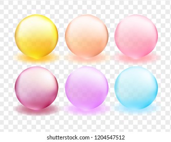 Bright transparent sphere set. Gel collagen orbs, vitamins, serum or crystal balls. Realistic style. Vector Illustration.