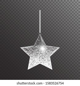 Bright transparent star with silver sparkles for decoration for Christmas decor. New Year vector illustration.
