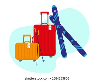 Bright travel suitcases and blue ski isolated on the white background. Winter holiday concept vector illustration.