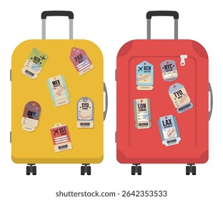 Bright travel suitcases decorated with luggage tags from famous international cities, symbolizing adventure and global tourism. travel luggage vector. Suitcase with city tags. Colorful travel