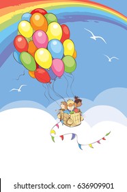 Bright travel / Vector illustration, Children travel in a Hot Air Balloon made of colored balloons flying in the sky