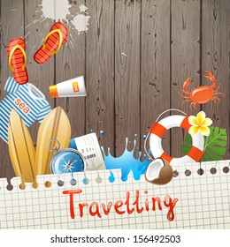 Bright traveling illustration over wooden background