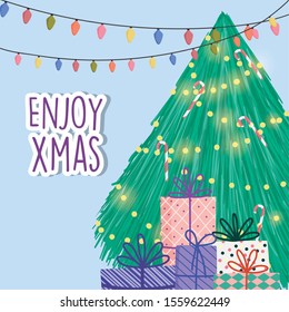 bright tree lights gift boxes merry christmas celebration vector illustration