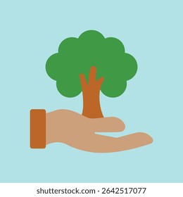 Icono de árbol en manos brillante para Asistencia de la naturaleza, jardinería y contenido de caridad.