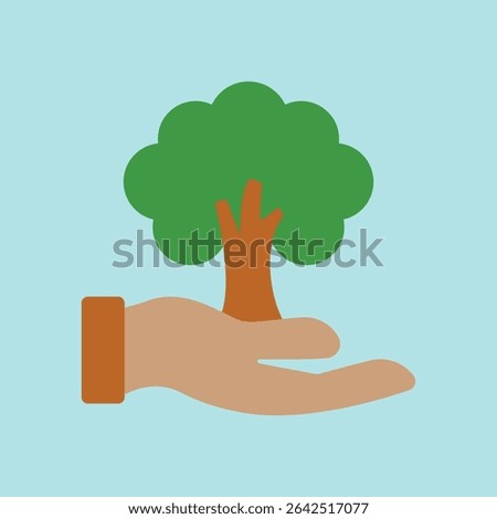 Bright tree-in-hands icon for nature support, gardening, and charity content.