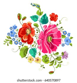 Bright trend pattern with poppies and forget me not flowers. Vector traditional floral bouquet template for fashion, packaging, embroidery, invitation card design