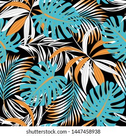 Bright trend seamless pattern with colorful tropical leaves and plants on a dark background. Vector design. Jungle print. Floral background. Printing and textiles. Exotic tropics. Fresh design.