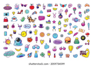 Bright trending stickers isolated on white background.